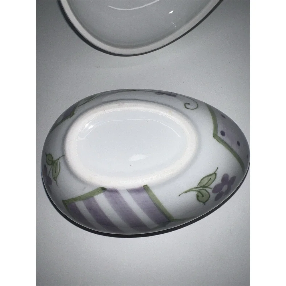 2 Piece Hand painted‎ Rabbit & Pansies Flower Trinket Dish w/ Lid